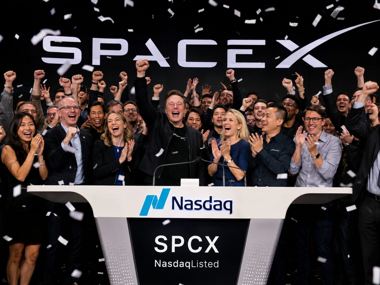 A SpaceX IPO opening ceremony scene with market screens and a public listing announcement, representing the company's 2026 public-market debut.