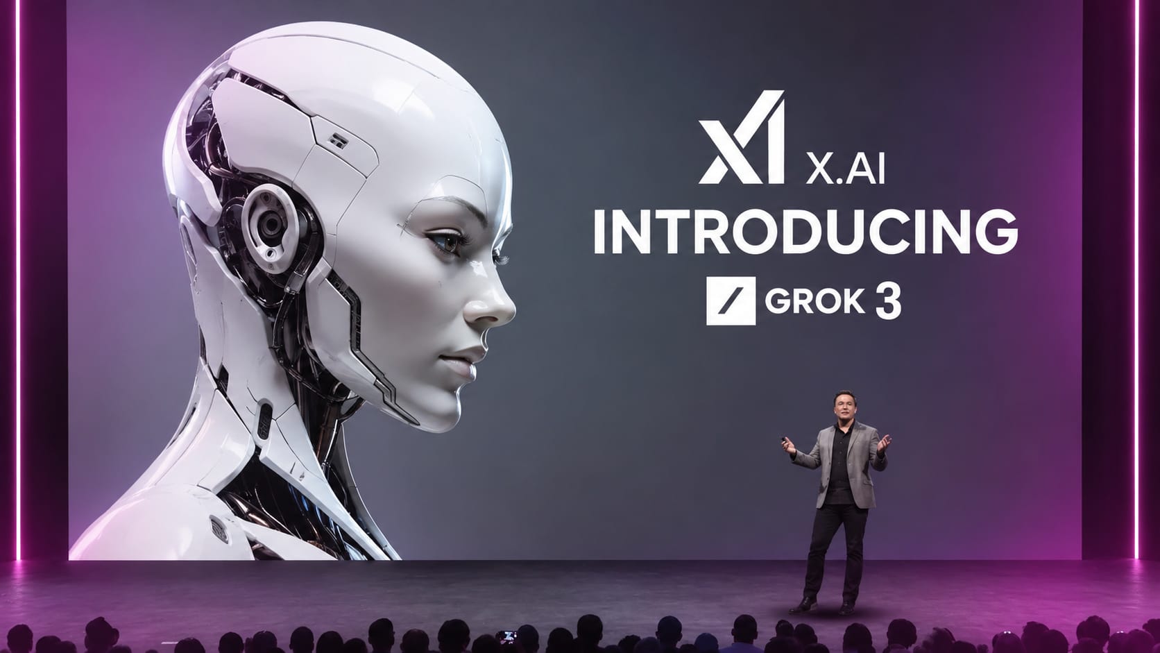 An xAI Grok 3 launch presentation scene, representing SpaceX's post-merger AI hiring surface across model, infrastructure, and product engineering roles.