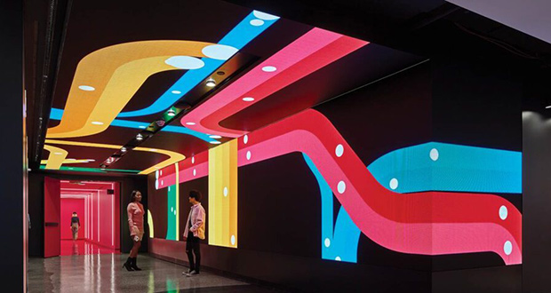 TikTok New York office LED tube installation designed to resemble the NYC subway map.