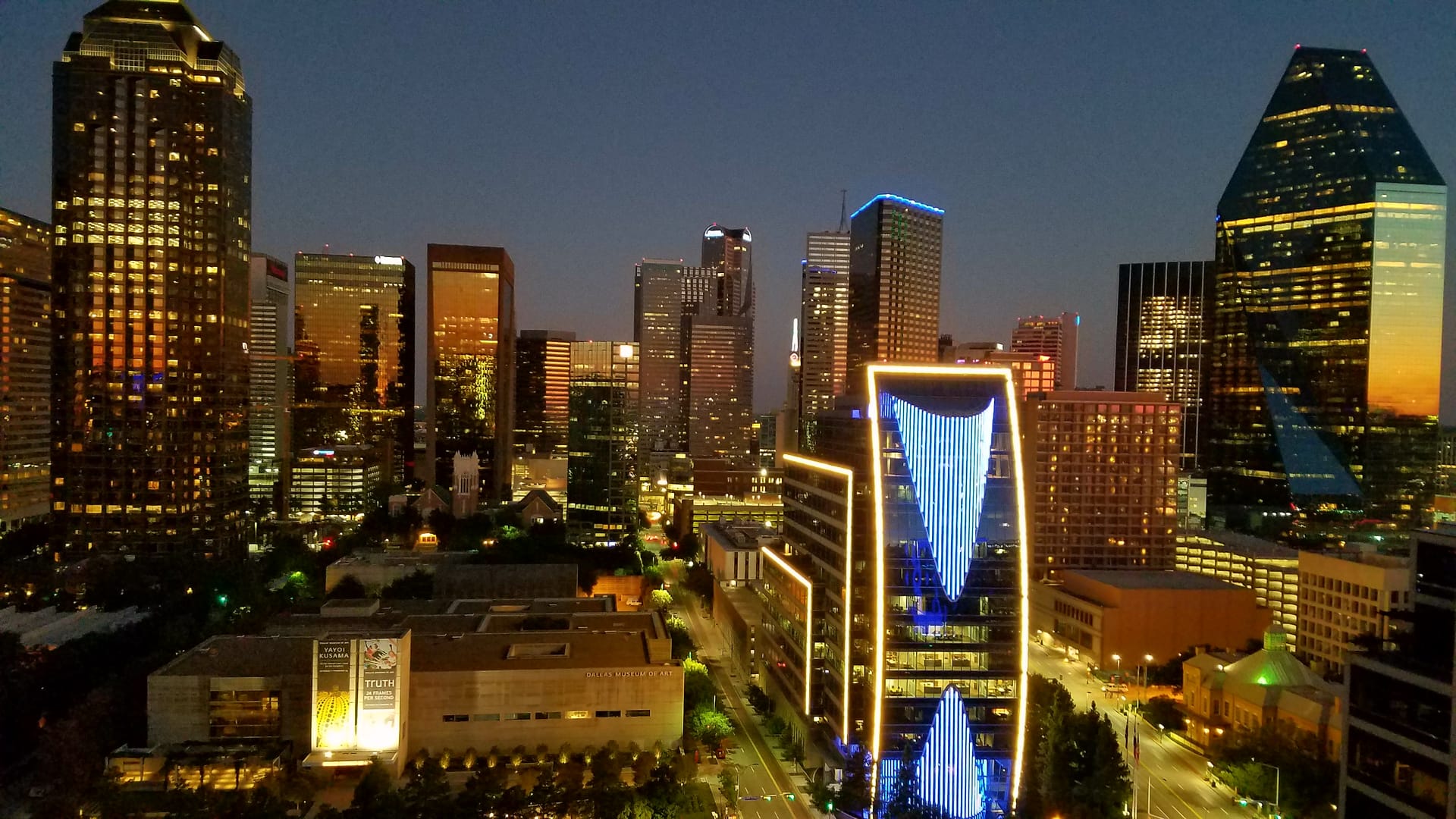 Dallas Arts District and downtown skyline illuminated at night