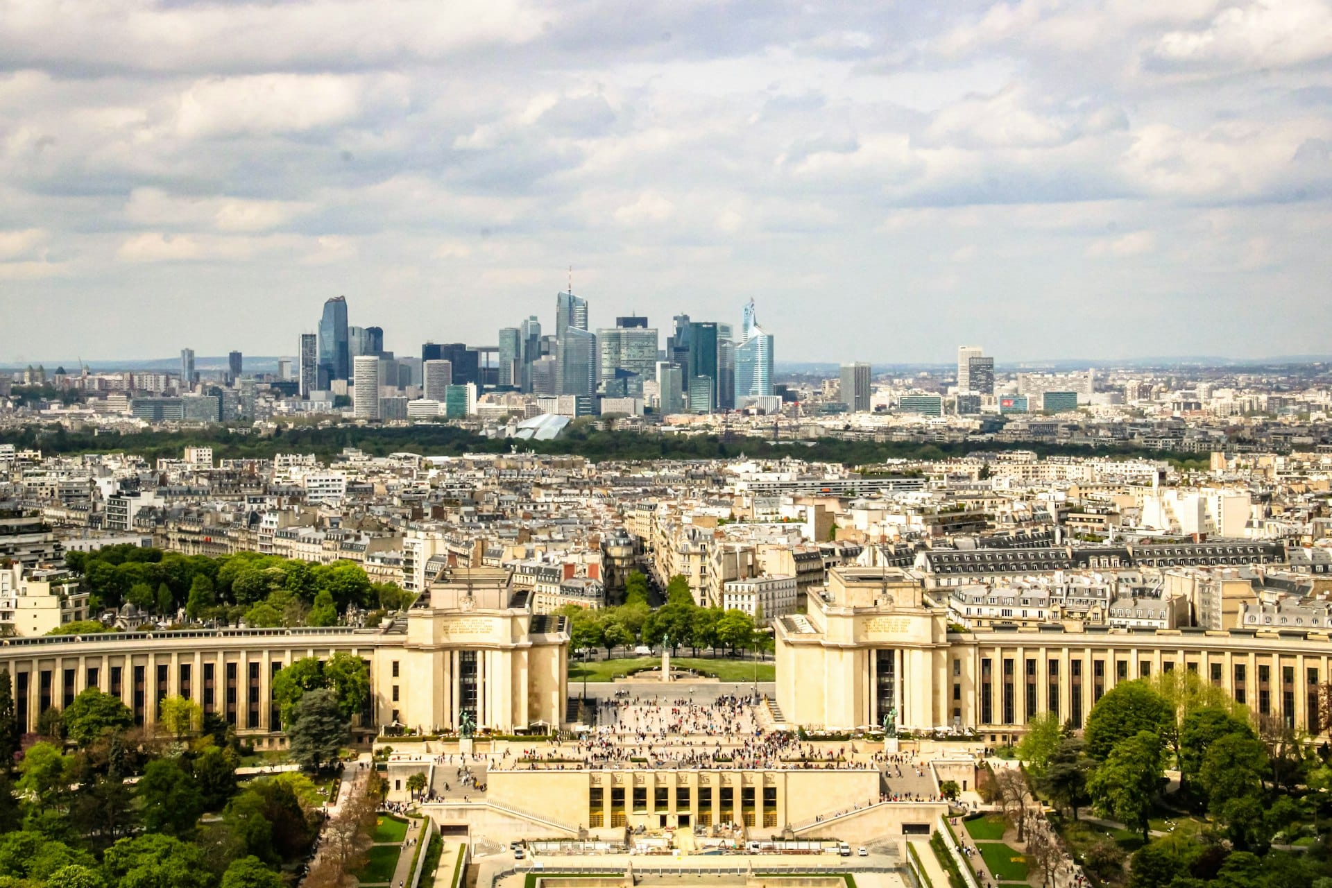 Paris skyline and La Défense viewed from the Eiffel Tower, showing the business district where many technology employers are based.