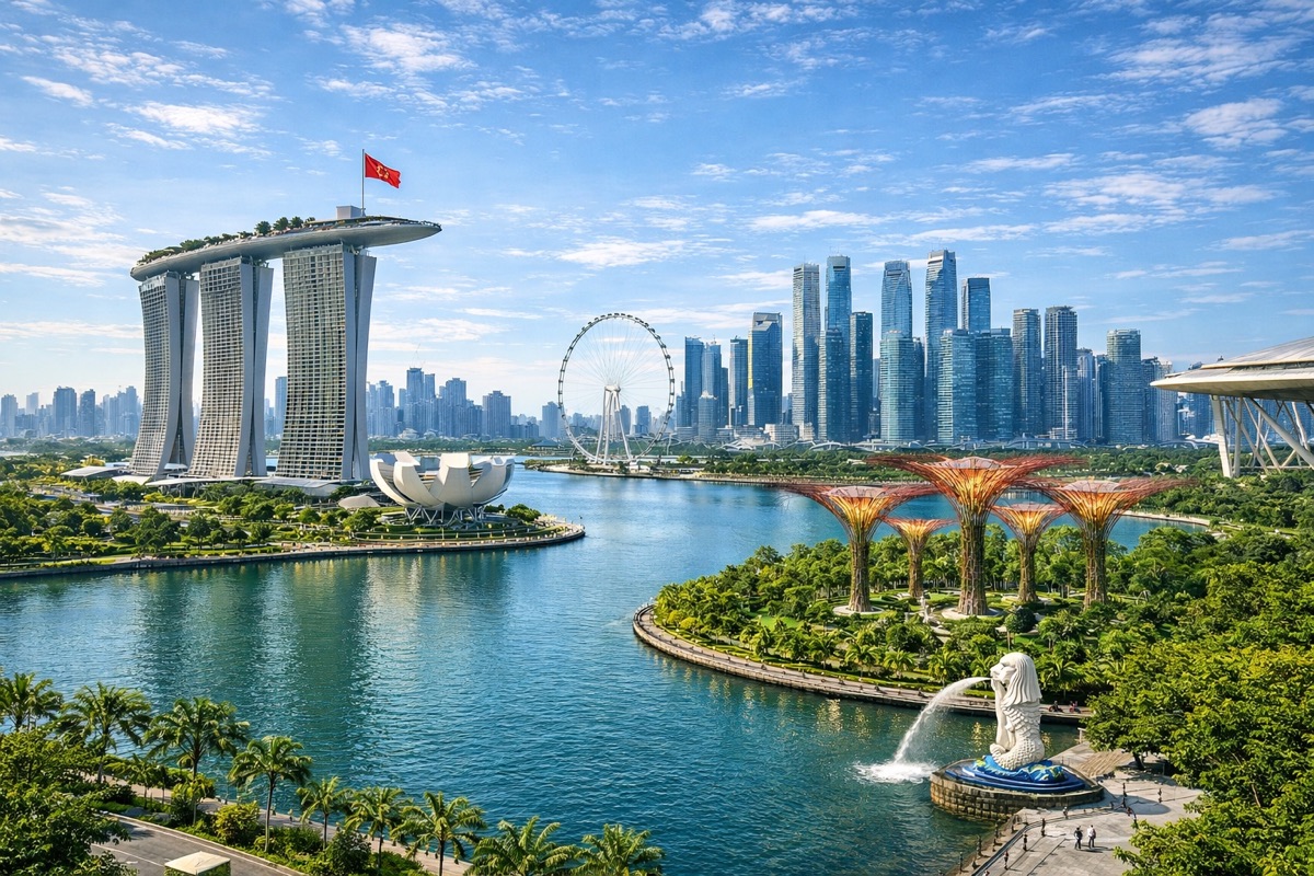 The Singapore skyline at dusk, representing ByteDance's Singapore regional headquarters, the company's most international engineering hub outside of Beijing.
