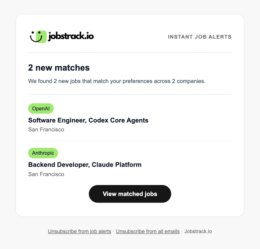 Sample Jobstrack.io alert email showing two matching jobs, company names, locations, linked job titles, and a View matched jobs button.