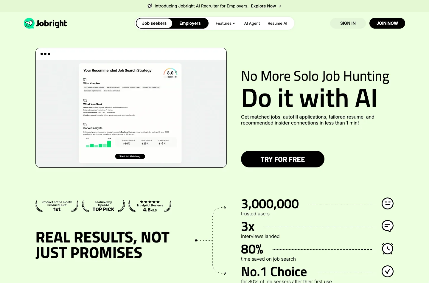 Jobright's homepage showing its job-search platform, recommended search strategy preview, and Try for Free button.