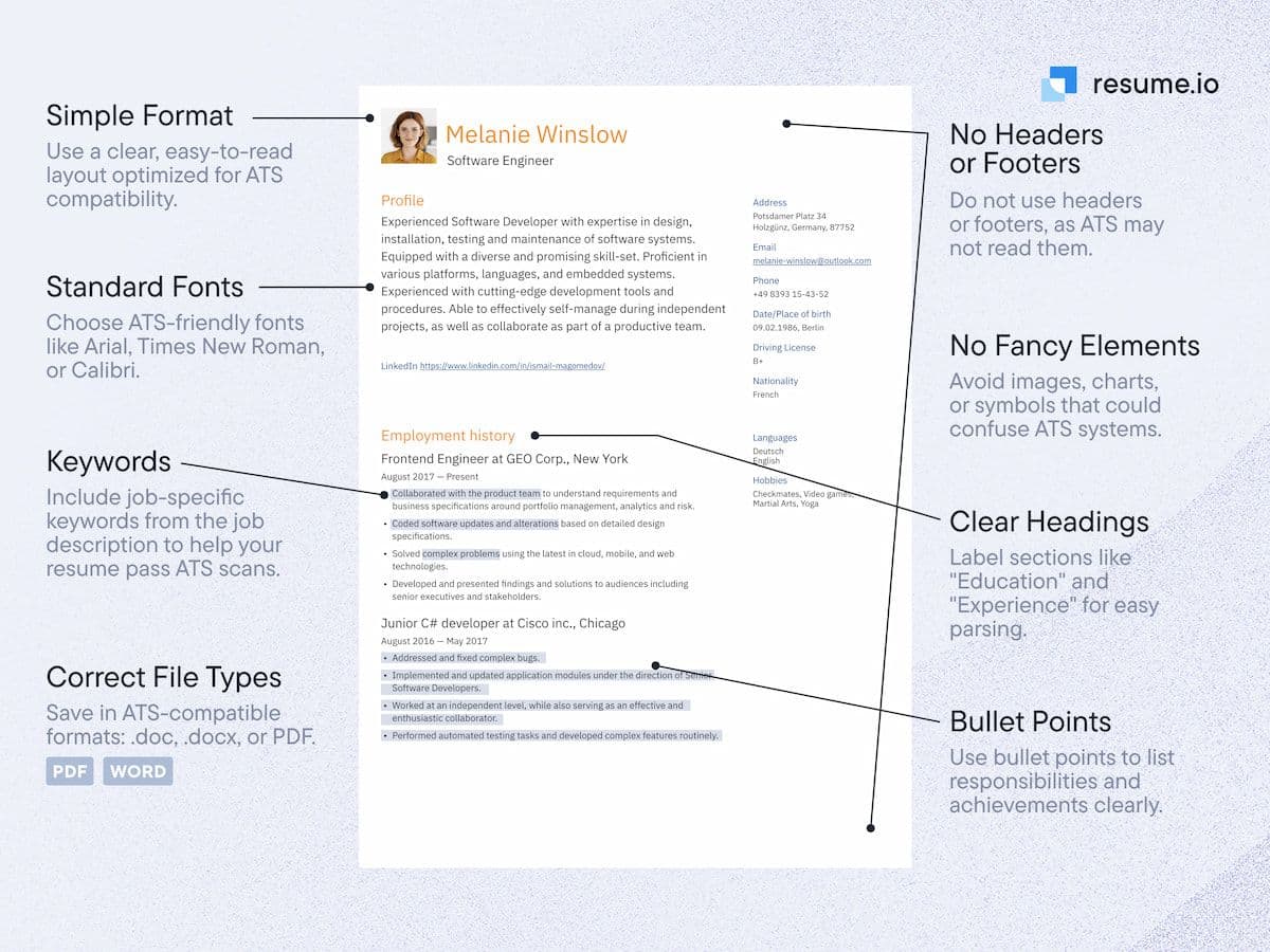 An ATS-friendly resume template example with a clean single-column layout, simple headings, and readable spacing.
